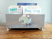 Load image into Gallery viewer, Personalized Dinosaur Book Library box- Book Box - Book Storage - Kids books - Book caddy - Kids room storage, Construction Nursery Decor