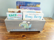 Load image into Gallery viewer, Personalized Dinosaur Book Library box- Book Box - Book Storage - Kids books - Book caddy - Kids room storage, Construction Nursery Decor
