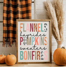 Load image into Gallery viewer, Flannel, Hayrides, Pumpkins, Bonfires Sign, Halloween Primitive Wall Decor, Modern Farmhouse Halloween Decor, Halloween Shelf Decor