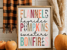 Load image into Gallery viewer, Flannel, Hayrides, Pumpkins, Bonfires Sign, Halloween Primitive Wall Decor, Modern Farmhouse Halloween Decor, Halloween Shelf Decor