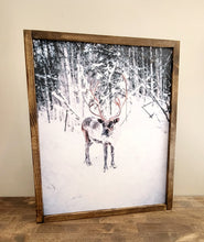 Load image into Gallery viewer, Reindeer winter scene sign, Christmas Decor, Christmas wood sign, Reindeer Picture, Christmas Print, Christmas Scene, Old Fashion Reindeer