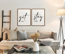Load image into Gallery viewer, Get Cozy, Stay Awhile duo signs - Get Cozy Home sign - Living Room Sign - Gift for her - Gift for Him