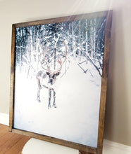 Load image into Gallery viewer, Reindeer winter scene sign, Christmas Decor, Christmas wood sign, Reindeer Picture, Christmas Print, Christmas Scene, Old Fashion Reindeer