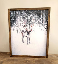 Load image into Gallery viewer, Reindeer winter scene sign, Christmas Decor, Christmas wood sign, Reindeer Picture, Christmas Print, Christmas Scene, Old Fashion Reindeer
