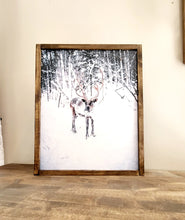 Load image into Gallery viewer, Reindeer winter scene sign, Christmas Decor, Christmas wood sign, Reindeer Picture, Christmas Print, Christmas Scene, Old Fashion Reindeer