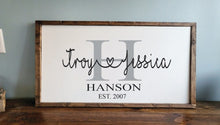 Load image into Gallery viewer, Personalized Last Name Sign with Names, Established sign, Wedding Gift, Wedding Prop Sign, Personalized Wedding Gift, Bridal Shower Gift
