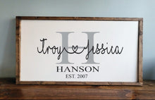 Load image into Gallery viewer, Personalized Last Name Sign with Names, Established sign, Wedding Gift, Wedding Prop Sign, Personalized Wedding Gift, Bridal Shower Gift
