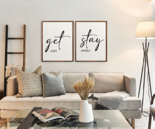 Get Cozy Stay Awhile Farmhouse Signs Features a great collection of farmhouse decor with many personalized options as well!