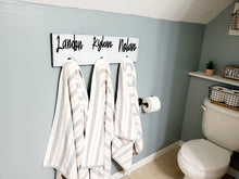 Load image into Gallery viewer, 3D Farm Bathroom Decor for kids towels, Wood Bathroom sign, Back Pack Hooks, Kids Name Sign, Towel Holder, Towel Rack, Bathroom Hooks
