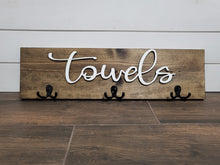 Load image into Gallery viewer, 3D Towel hook, Wood Bathroom sign, Back Pack Hooks, Kids Name Sign, Towel Holder, Towel Rack, Bathroom Hooks, Pool storage
