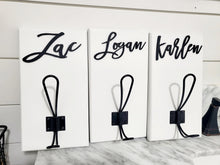 Load image into Gallery viewer, 3D Farm style Custom hooks, Wood Bathroom sign, Back Pack Hooks, Kids Name Sign, Towel Holder, Towel Rack, Bathroom Hooks, Stocking Hook
