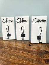 Load image into Gallery viewer, 3D Farm style Custom hooks, Wood Bathroom sign, Backpack Hooks, Kids Name Sign, Towel Holder, Towel Rack, Bathroom Hooks, Stocking Hook
