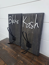 Load image into Gallery viewer, 3D Farm style Custom hooks, Wood Bathroom sign, Backpack Hooks, Kids Name Sign, Towel Holder, Towel Rack, Bathroom Hooks, Stocking Hook

