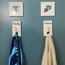 Load image into Gallery viewer, 3D Farm style Custom hooks, Wood Bathroom sign, Backpack Hooks, Kids Name Sign, Towel Holder, Towel Rack, Bathroom Hooks, Stocking Hook
