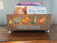 Load image into Gallery viewer, Personalized Dinosaur Book box- Dinosaur Nursery- Book Storage - Kids books - Book caddy - Kids room storage, Dinosaur Nursery Decor
