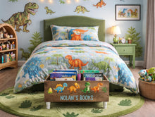 Load image into Gallery viewer, Personalized Dinosaur Book box- Dinosaur Nursery- Book Storage - Kids books - Book caddy - Kids room storage, Dinosaur Nursery Decor

