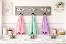 Load image into Gallery viewer, 3D Farm Bathroom Decor for kids towels, Wood Bathroom sign, Back Pack Hooks, Kids Name Sign, Towel Holder, Towel Rack, Bathroom Hooks
