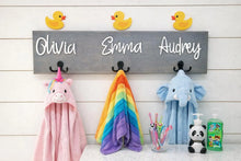 Load image into Gallery viewer, 3D Farm Bathroom Decor for kids towels, Wood Bathroom sign, Back Pack Hooks, Kids Name Sign, Towel Holder, Towel Rack, Bathroom Hooks
