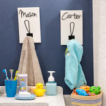 Load image into Gallery viewer, 3D Farm style Custom hooks, Wood Bathroom sign, Backpack Hooks, Kids Name Sign, Towel Holder, Towel Rack, Bathroom Hooks, Stocking Hook
