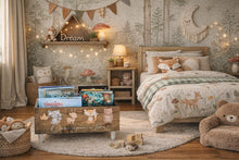 Load image into Gallery viewer, A cozy children's bedroom styled in a woodland theme, featuring a bed with a woodland-themed bedding set, a wooden toy bench, a plush teddy bear, and whimsical wall decorations including a crescent moon and forest wallpaper.
