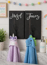 Load image into Gallery viewer, 3D Farm style Custom hooks, Wood Bathroom sign, Backpack Hooks, Kids Name Sign, Towel Holder, Towel Rack, Bathroom Hooks, Stocking Hook
