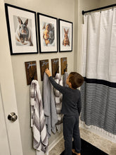 Load image into Gallery viewer, 3D Farm style Custom hooks, Wood Bathroom sign, Backpack Hooks, Kids Name Sign, Towel Holder, Towel Rack, Bathroom Hooks, Stocking Hook
