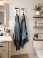 Load image into Gallery viewer, 3D Farm style Custom hooks, Wood Bathroom sign, Backpack Hooks, Kids Name Sign, Towel Holder, Towel Rack, Bathroom Hooks, Stocking Hook
