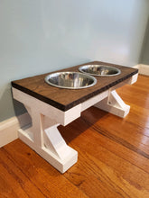 Load image into Gallery viewer, Oak top - Trestle Leg Farmhouse Elevated Dog Bowls - Raised Dog Bowls- Trestle Leg Pet Bowls - X-Frame Feeder

