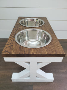 Oak top - Large Bowl Trestle Leg Farmhouse Elevated Dog Bowls - Raised Dog Bowls- Large Bowl Dog Feeder- X-Frame Feeder