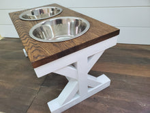 Load image into Gallery viewer, Oak top - Large Bowl Trestle Leg Farmhouse Elevated Dog Bowls - Raised Dog Bowls- Large Bowl Dog Feeder- X-Frame Feeder

