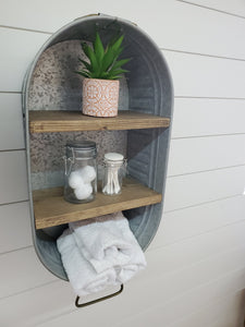 Galvanized Wash Tub With Shelves -  Wall Hanging Shelf - Farmhouse Shelf - Rustic Bathroom Shelf - Mudroom or Laundry Shelf