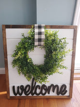 Load image into Gallery viewer, Shiplap  Welcome Sign - Farmhouse Wall Decor - Shiplap Framed Sign - Rustic Home Decor - Farmhouse Decor - Shiplap Sign with Wreath
