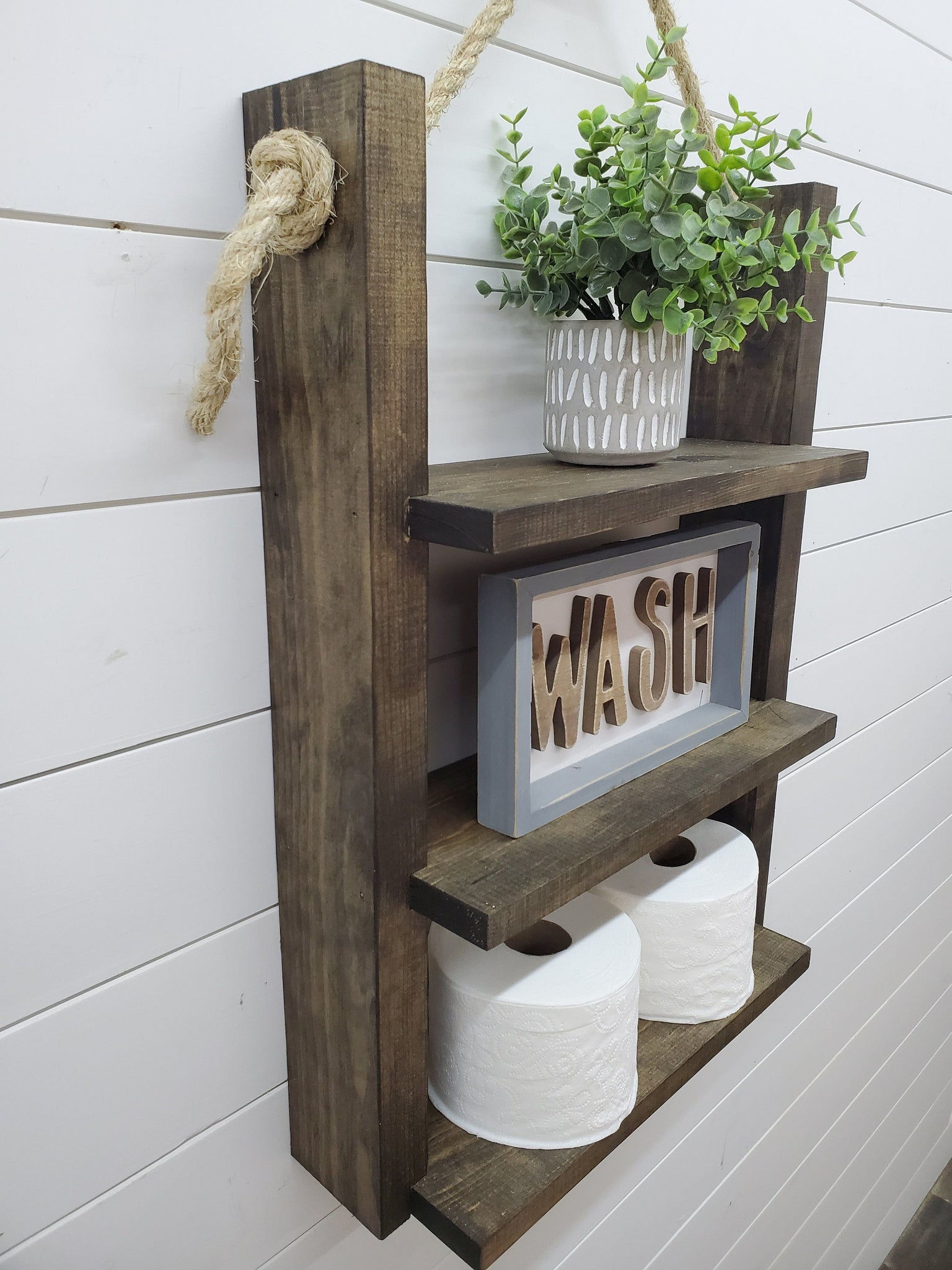 Rustic Ladder Shelf - Rope Hanging Ladder Shelf - Farmhouse Bathroom S –  TJS CUSTOM DESIGN AND DECOR