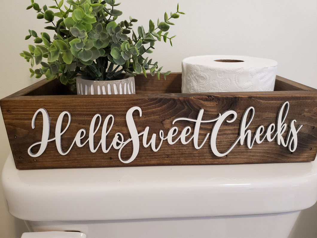 3D Hello Sweet Cheeks - Box for Toilet - Toilet Paper Holder - Rustic Bathroom Decor - Funny Bathroom Decor - Toilet Tray