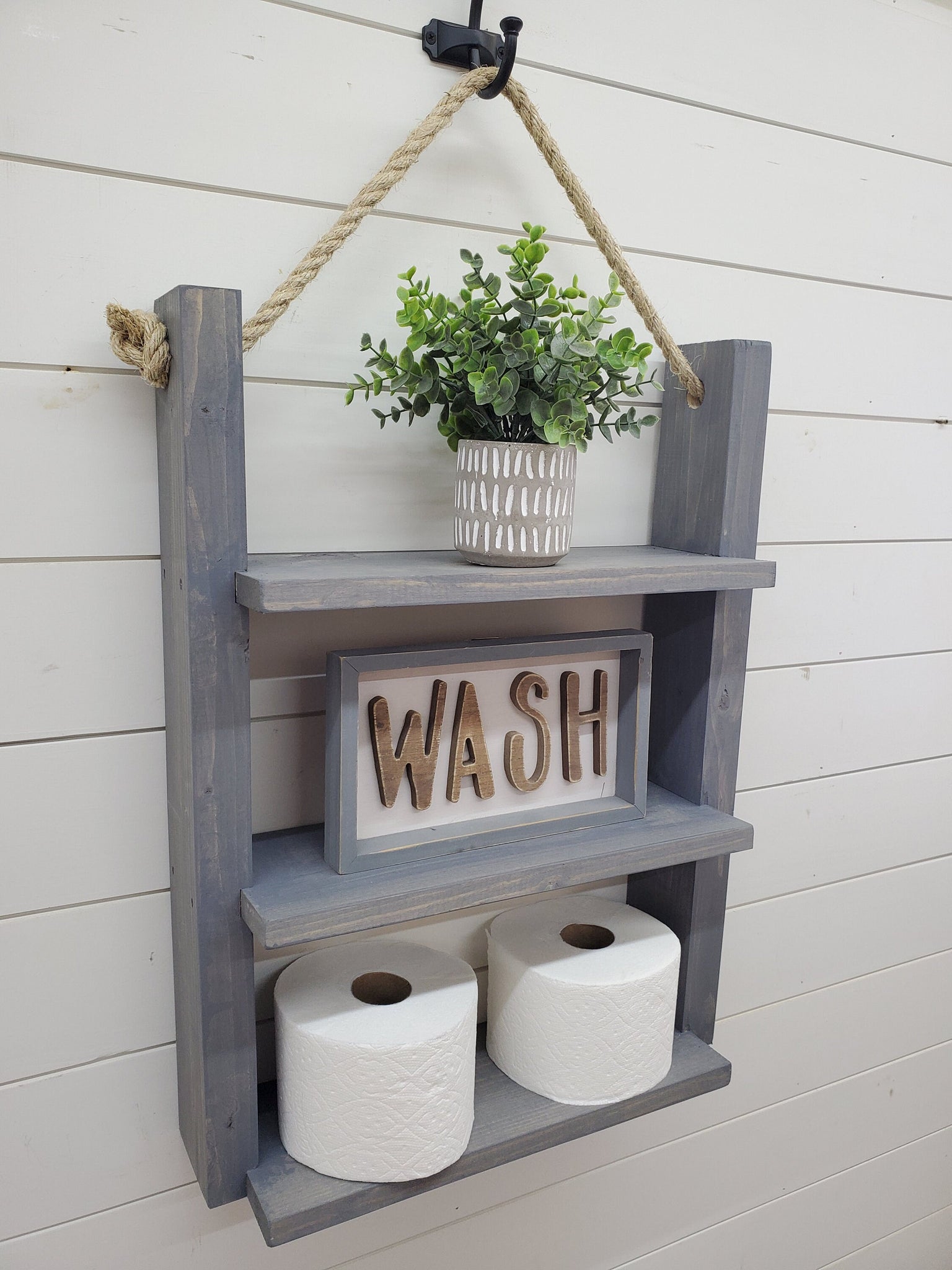 Farmhouse Style Toilet Paper Holder with Storage Shelf Finished in