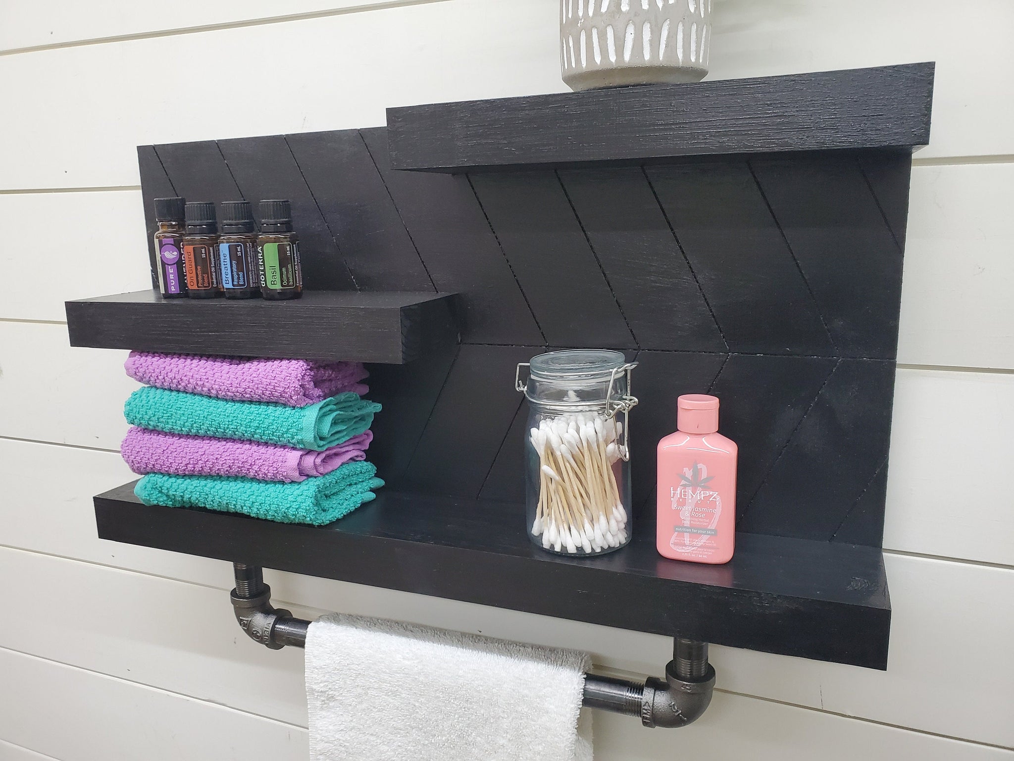 Bathroom Shelf Organizer With Towel Hooks, Farmhouse Country