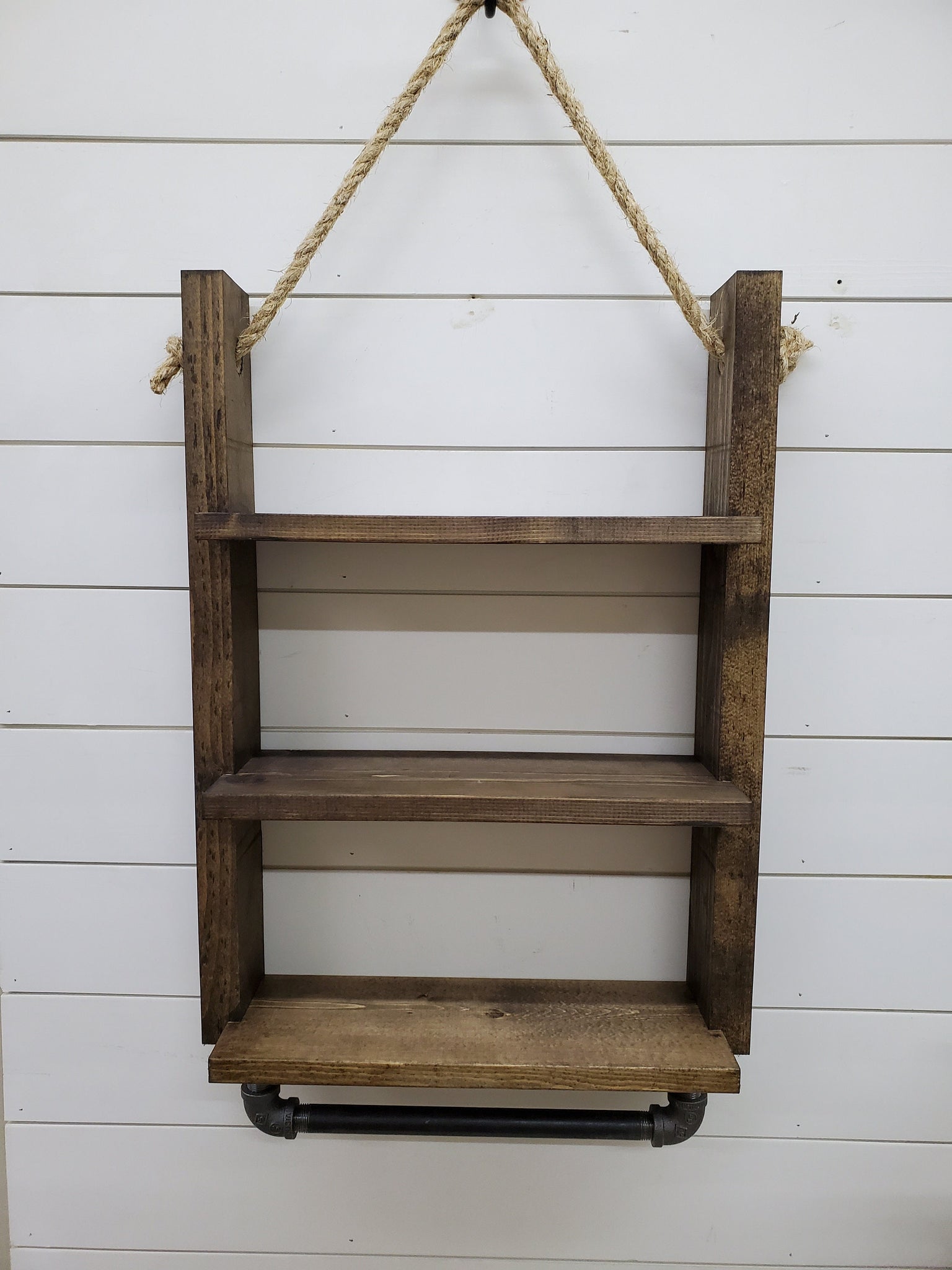 Rustic Ladder Shelf with Towel Holder - Rope Hanging Ladder Shelf - Fa –  TJS CUSTOM DESIGN AND DECOR