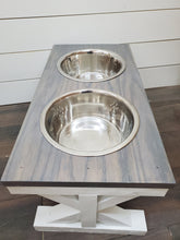 Load image into Gallery viewer, Gray Oak top - Large Bowl Trestle Leg Farmhouse Elevated Dog Bowls - Raised Dog Bowls- Large Bowl Dog Feeder- X-Frame Feeder
