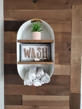 Load image into Gallery viewer, Farmhouse White Galvanized Wash Tub With Shelves -  Wall Hanging Shelf - Farmhouse Shelf - Rustic Bathroom Shelf - Mudroom or Laundry Shelf
