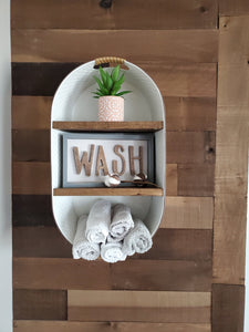 Farmhouse White Galvanized Wash Tub With Shelves -  Wall Hanging Shelf - Farmhouse Shelf - Rustic Bathroom Shelf - Mudroom or Laundry Shelf
