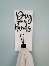 Load image into Gallery viewer, 3D Dry your Hands Hooks, Wood Bathroom sign, Coat Hooks, Wedding Decor, Towel Holder, Towel Rack, Bathroom Hooks, Towel Hook
