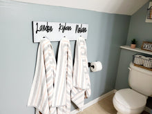 Load image into Gallery viewer, 3D Farm Bathroom Decor for kids towels, Wood Bathroom sign, Back Pack Hooks, Kids Name Sign, Towel Holder, Towel Rack, Bathroom Hooks
