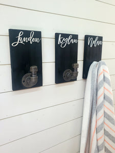 Personalized Bathroom Towel Hooks With Industrial Pipe, Back Pack Hooks, Kids Name Sign, Towel Hooks, Towel Rack, Bathroom Hooks