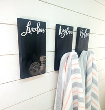 Load image into Gallery viewer, Personalized Bathroom Towel Hooks With Industrial Pipe, Back Pack Hooks, Kids Name Sign, Towel Hooks, Towel Rack, Bathroom Hooks
