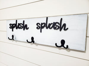 3D Splish Slash towel hook, Wood Bathroom sign, Back Pack Hooks, Kids Name Sign, Towel Holder, Towel Rack, Bathroom Hooks