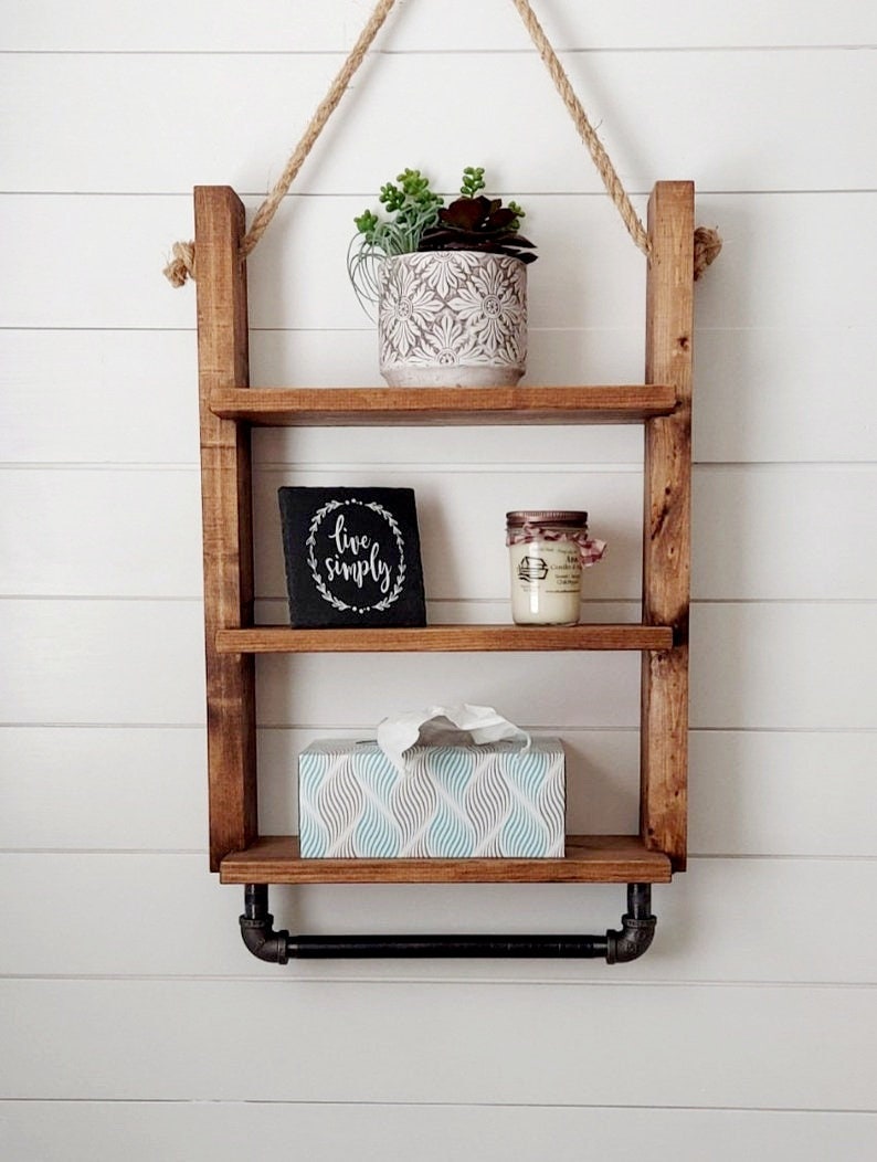 Rustic Ladder Shelf with Towel Holder Rope Hanging Ladder Shelf Farmhouse Bathroom Shelf Bathroom Organizer Farmstyle Decor