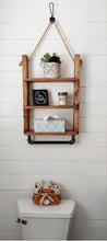 Load image into Gallery viewer, Rustic Ladder Shelf with Towel Holder - Rope Hanging Ladder Shelf - Farmhouse Bathroom Shelf - Bathroom Organizer - Farmstyle Decor
