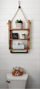 Rustic Ladder Shelf with Towel Holder - Rope Hanging Ladder Shelf - Farmhouse Bathroom Shelf - Bathroom Organizer - Farmstyle Decor