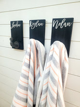Load image into Gallery viewer, 3D Farmhouse Custom Towel Holders - Personalized Back Pack Hooks - Kids Name Sign - Towel Holder - Bathroom Hooks - Stocking Hooks
