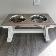 Load image into Gallery viewer, Gray Oak top - Large Bowl Trestle Leg Farmhouse Elevated Dog Bowls - Raised Dog Bowls- Large Bowl Dog Feeder- X-Frame Feeder
